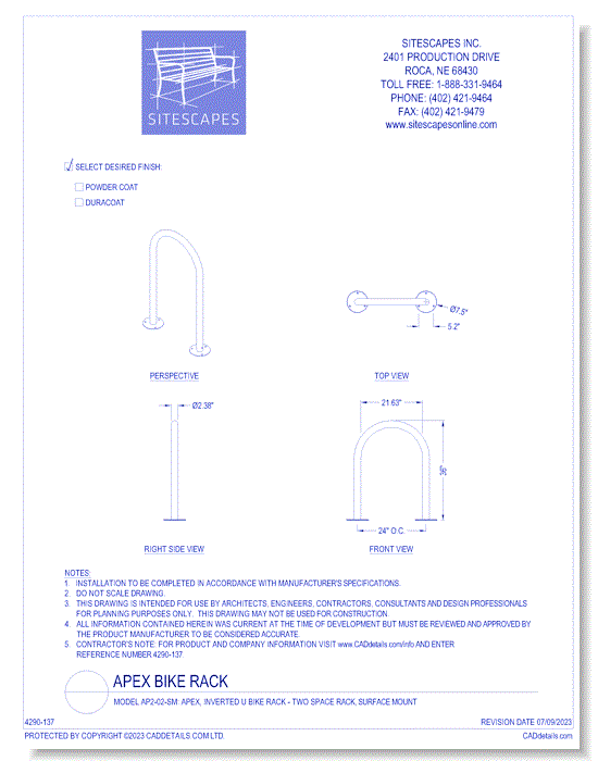 Model AP2-02-SM: Apex, Inverted U Bike Rack - Two Space Rack, Surface Mount