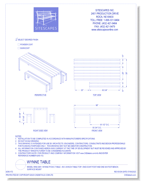 Model WN6-5491: Wynne Picnic Table - 96 x 30inch Table Top, One Eight Foot and One Six Foot Bench, Surface Mount