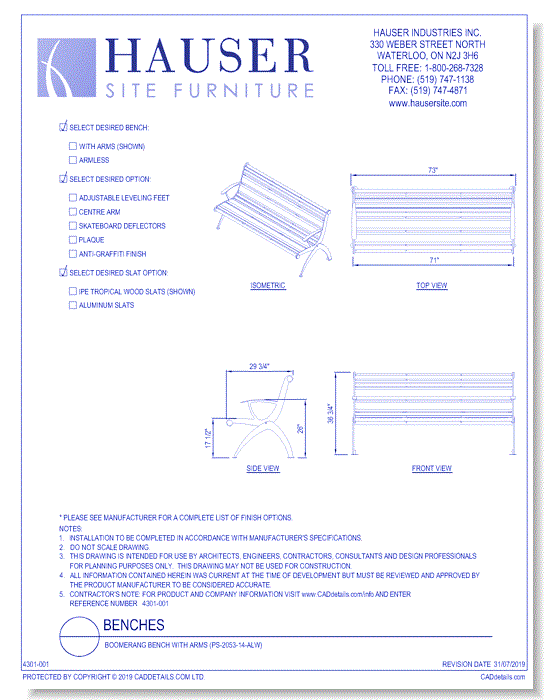 Boomerang Bench With Arms (PS-2053-14-ALW)