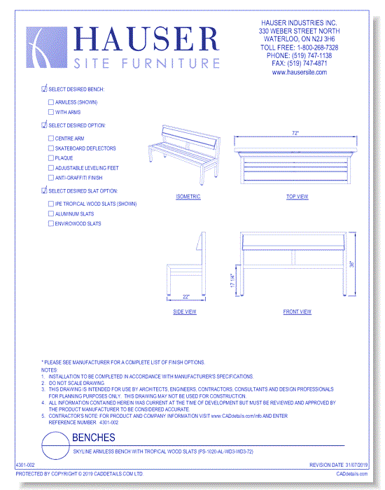 Skyline Armless Bench With Tropical Wood Slats (PS-1020-AL-WD3-WD3-72)