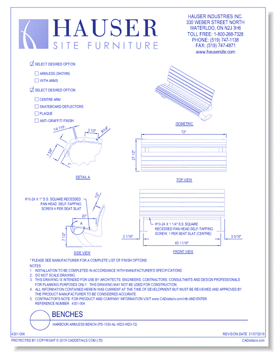 Harbour Armless Bench (PS-1030-AL-WD3-WD3-72)