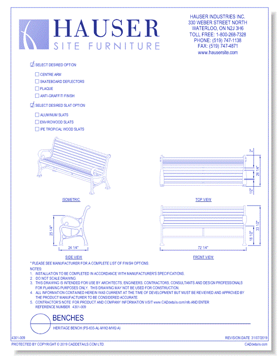 Heritage Bench (PS-635-AL-MW2-MW2-A)