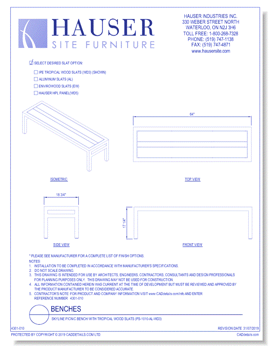 Skyline Picnic Bench With Tropical Wood Slats (PS-1010-AL-WD3)