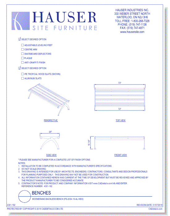 Boomerang Backless Bench (PS-2054-16-AL-WD3)