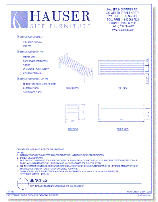 Skyline Backless Bench With Arms (PS-1026-AL-WD3-72)