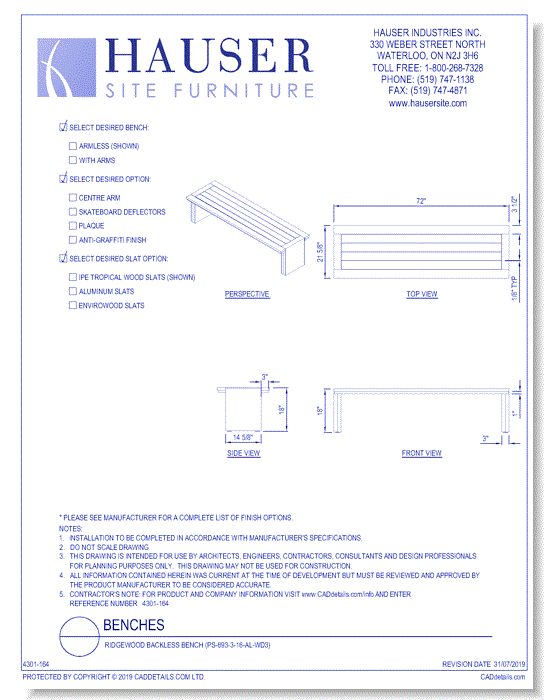 Ridgewood Backless Bench (PS-693-3-16-AL-WD3)