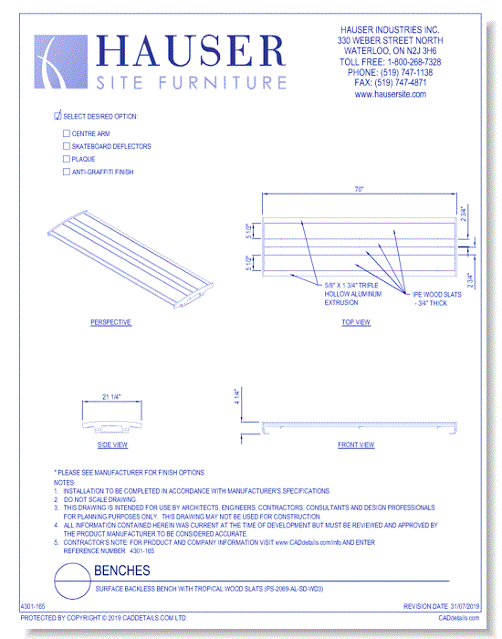 Surface Backless Bench With Tropical Wood Slats (PS-2069-AL-SD-WD3)