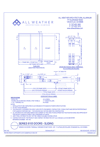 Series 8100 Doors: Thermally Broken Pocket Door - XXP - 3" UltraGlide Rollers, Standard Sill, No Screen