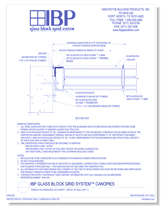 **IBP Glass Block Grid System™** Window (Flushmount) as Canopy - Detail at Wall (CPY-1)