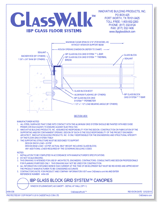**IBP Glass Block Grid System™** Window (Flushmount) as Canopy - Detail at Wall (CPY-1)