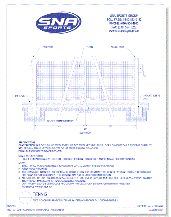 TN05 Indoor Recreational Tennis System (w/ Optional TN23 Ground Sleeves)