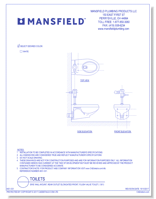 Erie 1301 Elongated Wall-Mount Flushometer Bowl