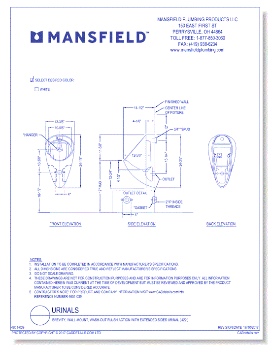 Brevity 422 Wash-Down Urinal w/Integrated Trap