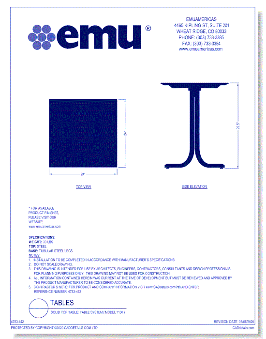 Solid Top Table: Table System ( Model 1130 )