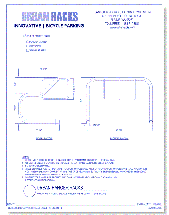 Urban Hanger Racks: Urban Rack Wide - 3 Square Hanger - 6 Bike Capacity ( UB-3000W )