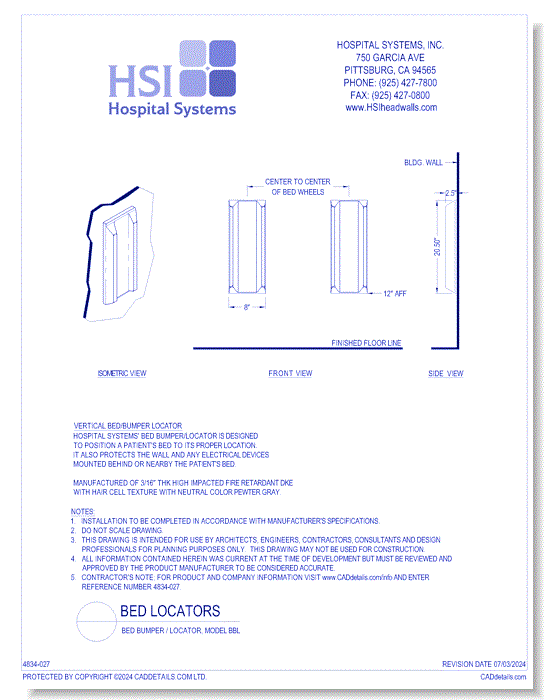 Bed Bumper / Locator, Model BBL