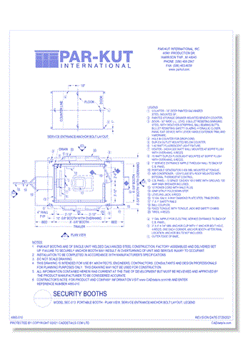 Model SEC-013: Portable Booth - Plan View, Service Entrance/Anchor Bolt Layout, Legend