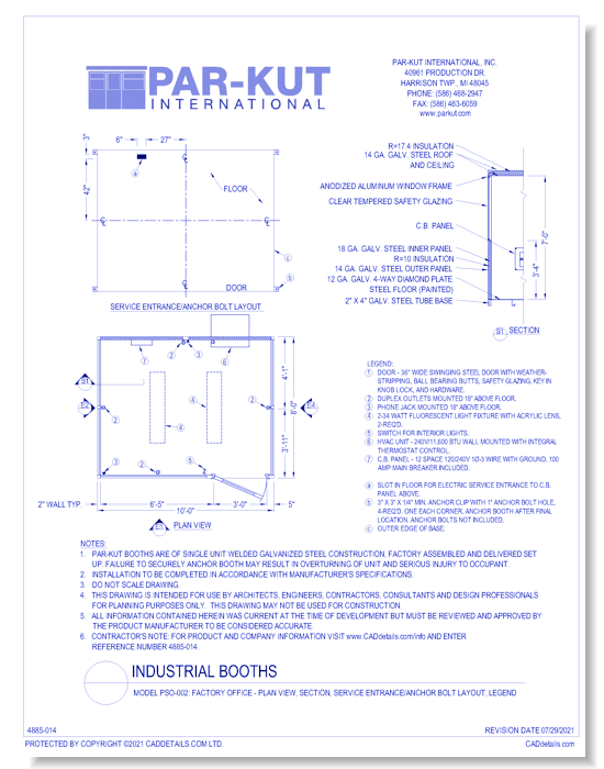 Model PSO-002: Factory Office - Plan View, Section, Service Entrance/Anchor Bolt Layout, Legend