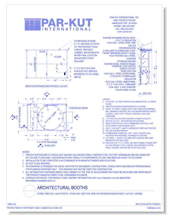 Model PREZ-003: Valet Booth - Plan View, Section, Service Entrance/Anchor Bolt Layout, Legend