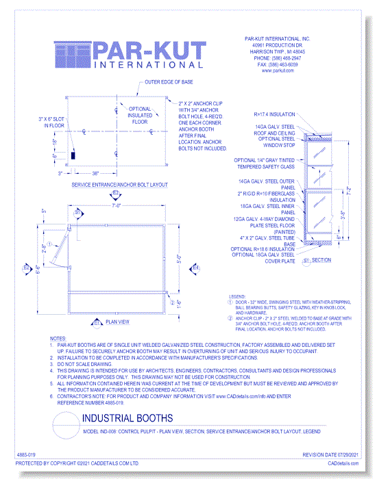 Model IND-008: Control Pulpit - Plan View, Section, Service Entrance/Anchor Bolt Layout, Legend