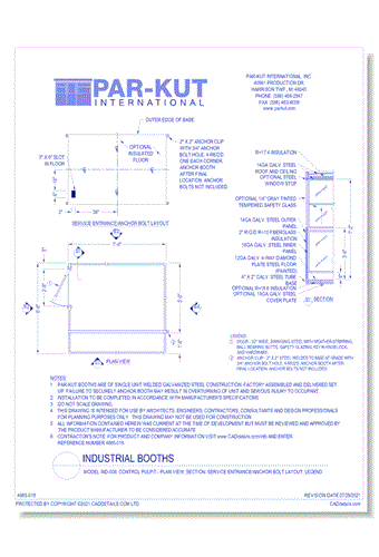 Model IND-008: Control Pulpit - Plan View, Section, Service Entrance/Anchor Bolt Layout, Legend