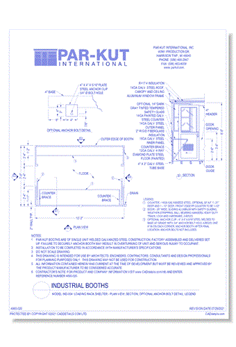 Model IND-004: Loading Rack Shelter - Plan View, Section, Optional Anchor Bolt Detail, Legend