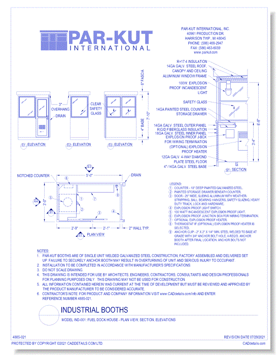 Model IND-001: Fuel Dock House - Plan View, Section, Elevations, Legend