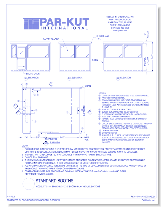 Model STD-108: Standard 8' X 10' Booth - Plan View, Elevations, Legend