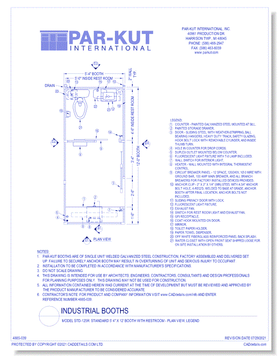 Model STD-125R: Standard 5' 4" X 12' Booth With Restroom - Plan View, Legend