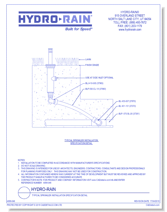 Typical Sprinkler Installation Specification Detail