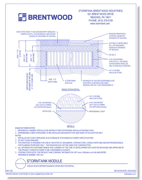 StormTank Module: Single-Stack Detention Basin Cross-Section Detail