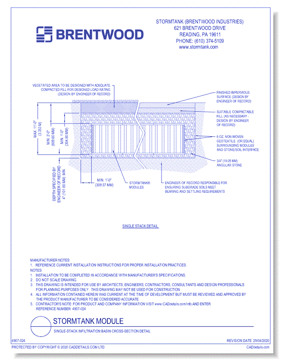 StormTank Module: Single-Stack Infiltration Basin Cross-Section Detail