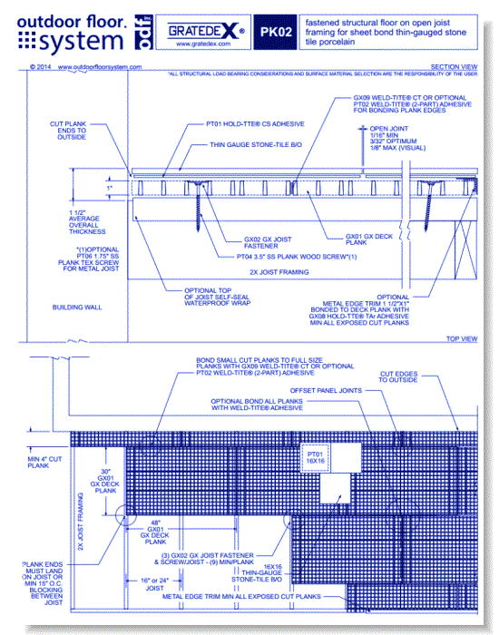 GRATEDEX®: PK02–fastened structural floor on open joist framing for sheet bond thin-gauged stone tile