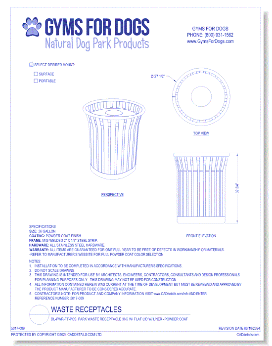 DL-PWR-FT-PCS: Park Waste Receptacle 36G w/ Flat Lid w/ Liner - Powder Coat