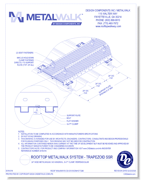 24" Wide Metalwalk®, No Handrail, S-5™ Clamp, Perpendicular