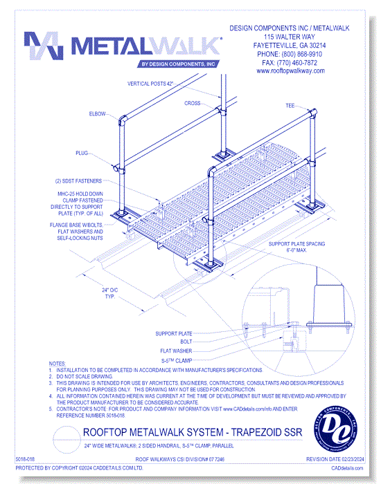 24" Wide Metalwalk®, 2 Sided Handrail, S-5™ Clamp, Parallel