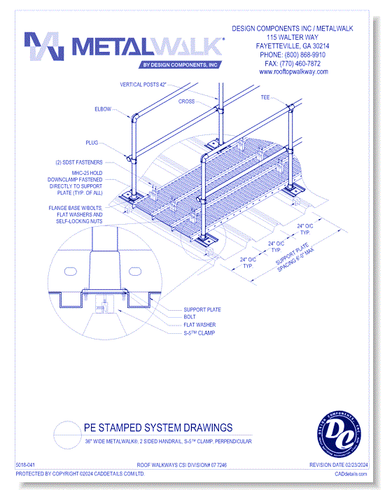 36" Wide Metalwalk®, 2 Sided Handrail, S-5™ Clamp, Perpendicular