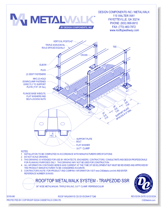 36" Wide Metalwalk®, Triple Railing, S-5™ Clamp, Perpendicular