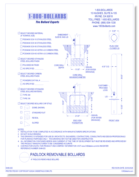 4" Padlock Removable Bollard - PL Cutsheet Size A Form - R0.2-1