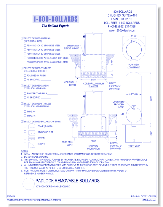 10" Padlock Removable Bollard - PL Cutsheet Size A Form
