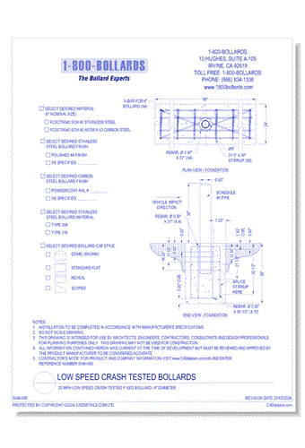 20 MPH Low Speed Crash Tested Fixed Bollard - 6" Diameter