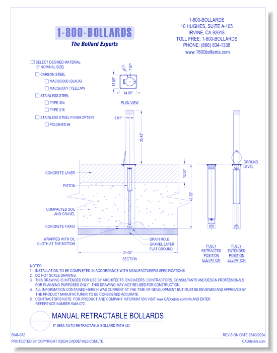6'' Semi Auto Retractable Bollard with Lid