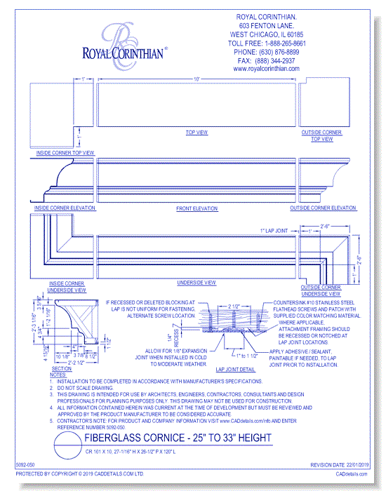 Fiberglass Cornice: CR 101x10, 27-1/16" H x 26-1/2" P x 120" L