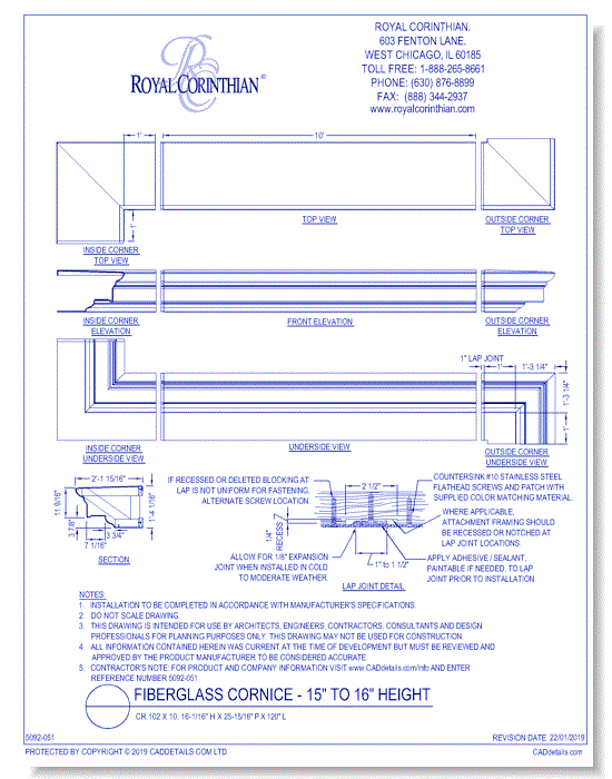 Fiberglass Cornice: CR 102x10, 16-1/16" H x 25-15/16" P x 120" L