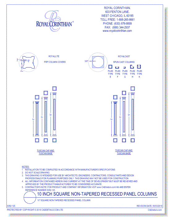 10 Inch Square Non-Tapered Recessed Panel Fiberglass Column