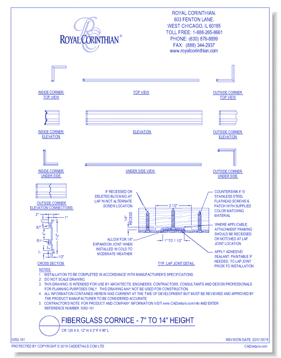 Fiberglass Cornice: CR 128x8, 12" H x 2" P x 96" L