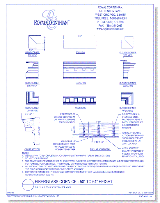 Fiberglass Cornice: CR 132x8, 50-13/16" H x 24-1/2" P x 96" L