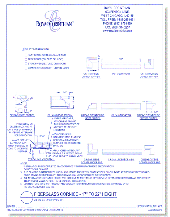 Fiberglass Cornice: CR 134x8, 17" H x 13" P x 96" L