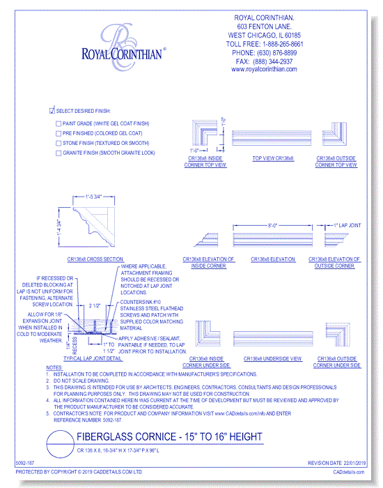 Fiberglass Cornice: CR 136x8, 16-3/4" H x 17-3/4" P x 96" L