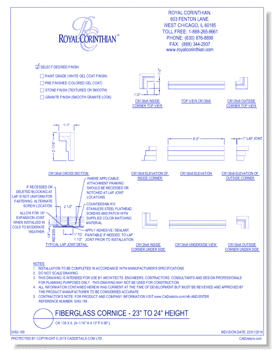 Fiberglass Cornice: CR 138x8, 24-1/16" H x 13" P x 96" L